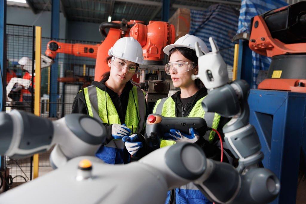 Two women in work vests and hard hats talk near equiment.
